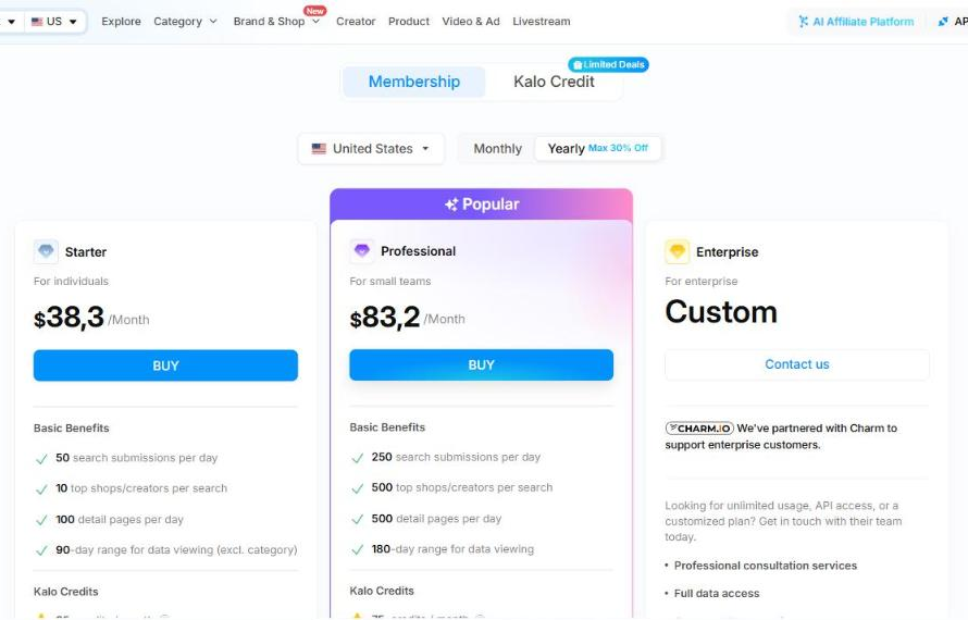 United States starter yearly: Pricing page