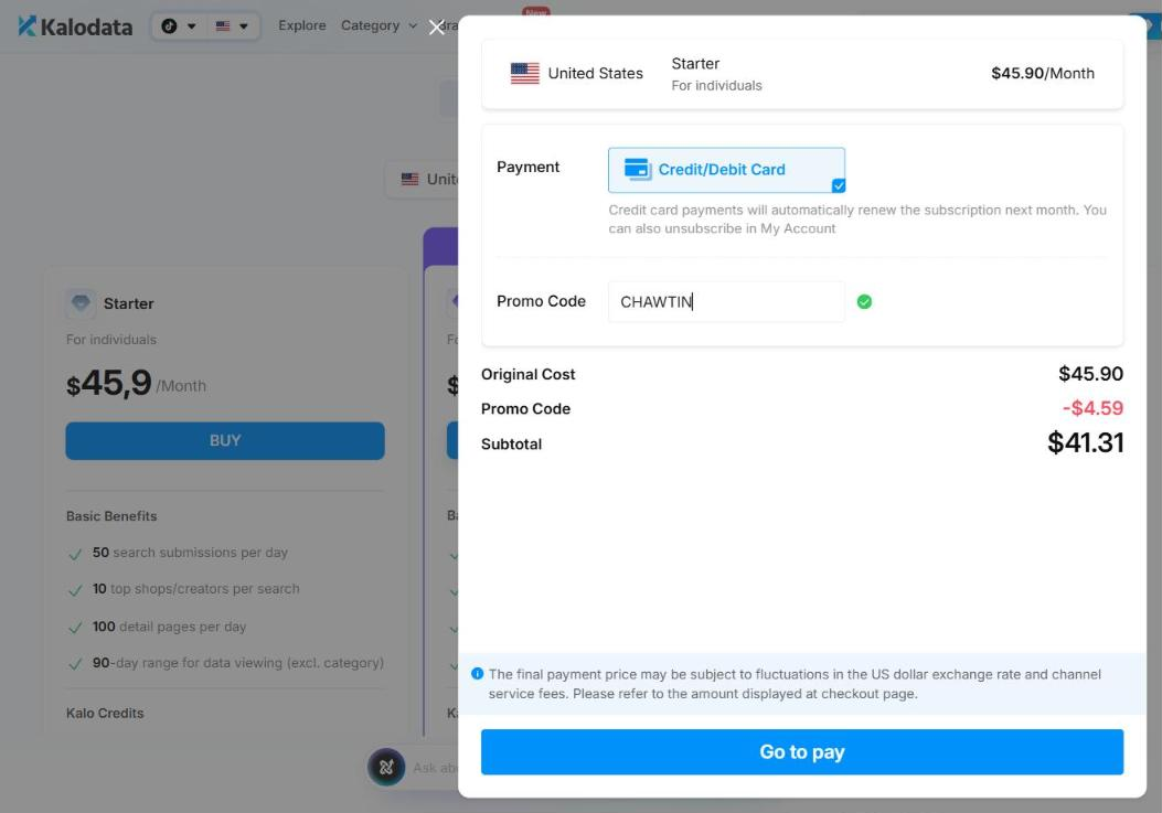 United States Starter Monthly: Checkout with CHAWTIN, Final total $41.31, You save $4.59
