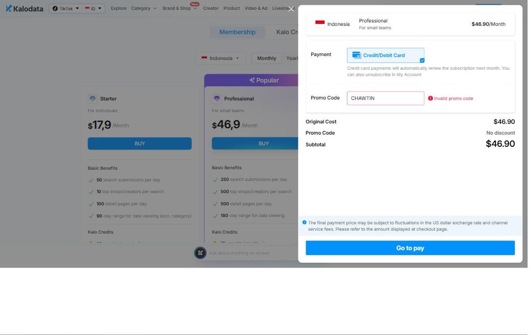 Indonesia Professional Monthly: Checkout rejecting CHAWTIN, Final total $46.90