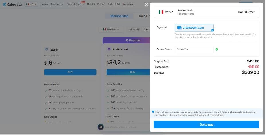 Mexico Professional Yearly: Checkout with CHAWTIN, Final total $369.00, You save $41.00