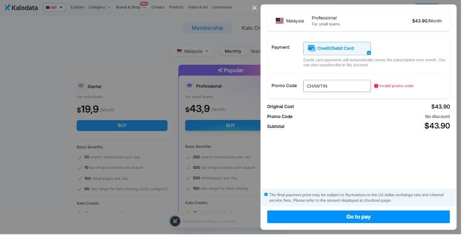 Malaysia Professional Monthly: Checkout rejecting CHAWTIN, Final total $43.90