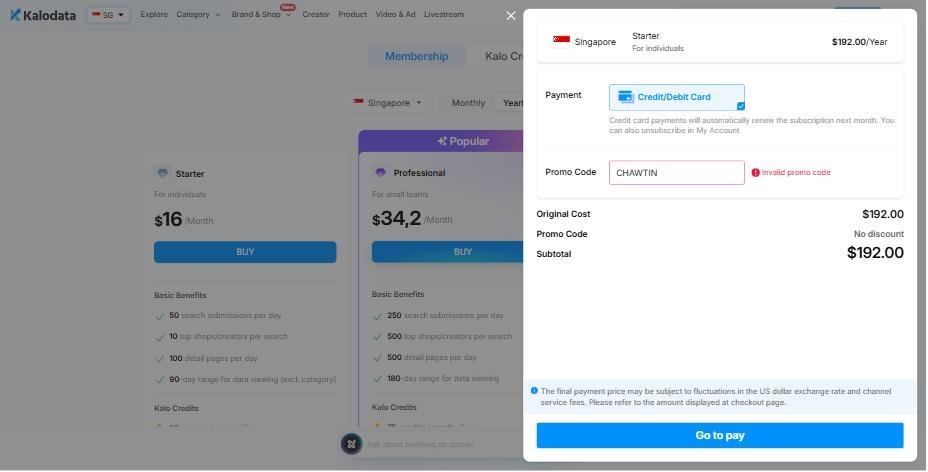 Singapore starter yearly: Checkout rejecting CHAWTIN