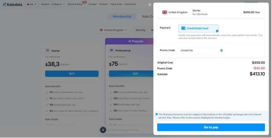 United Kingdom Starter Yearly: Checkout with CHAWTIN, Final total $413.10, You save $45.90