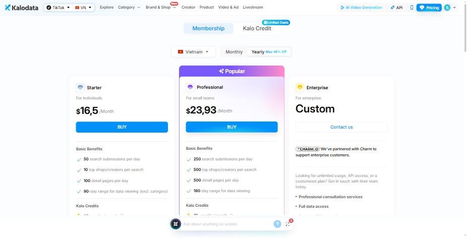 Vietnam starter yearly: Pricing page