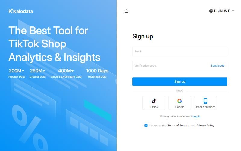 Kalodata sign up page reached from the free trial button; no card is needed