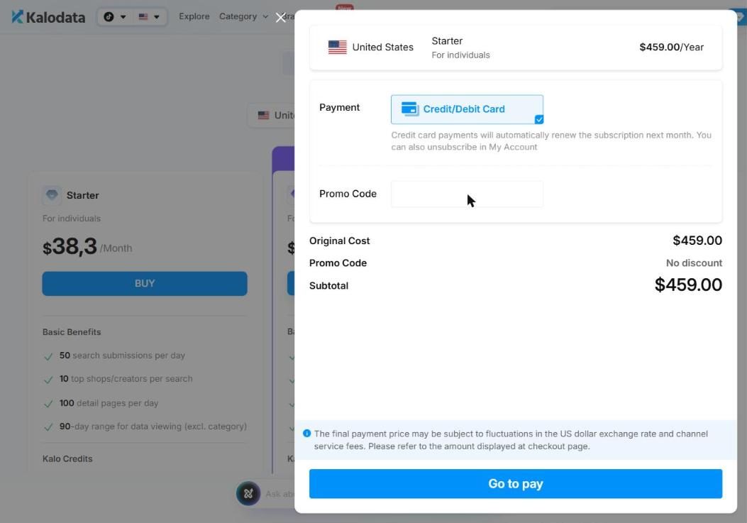 Kalodata pricing page with the Starter and Professional plan buttons
